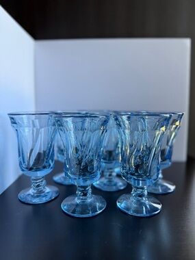 Fostoria Jamestown Blue Glass Set 8 Footed Goblets Vintage MCM Barware